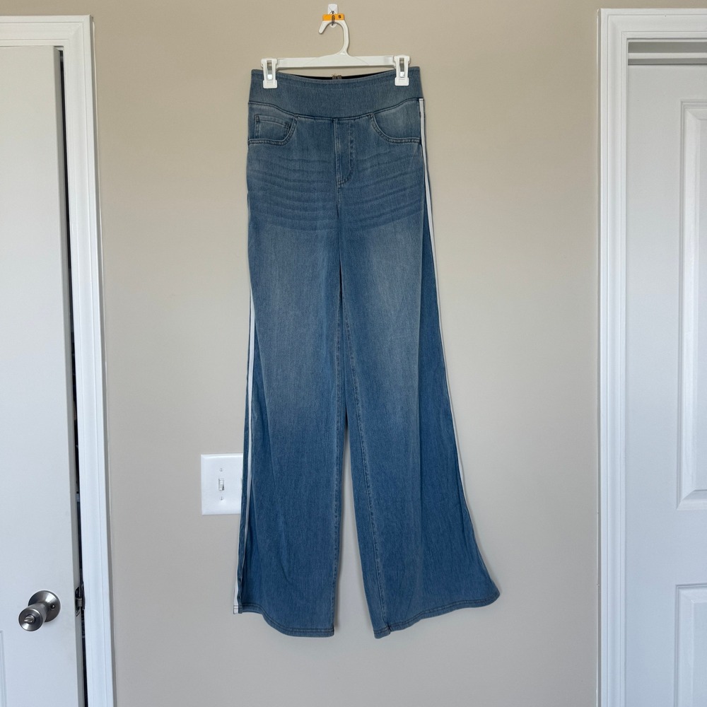Halara Womens Wide Leg Denim Side Stripe Pants Blue High Waist Tall S 02815137